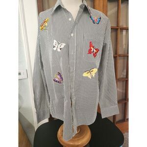 Mili Designs Vintage white and black , long sleeve striped button down shirt-M